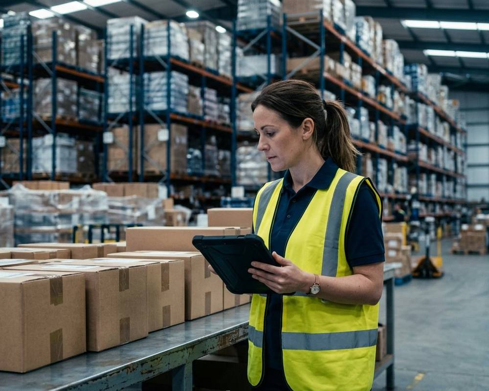 Warehouse manager with a tablet checking business parcels ready for dispatch