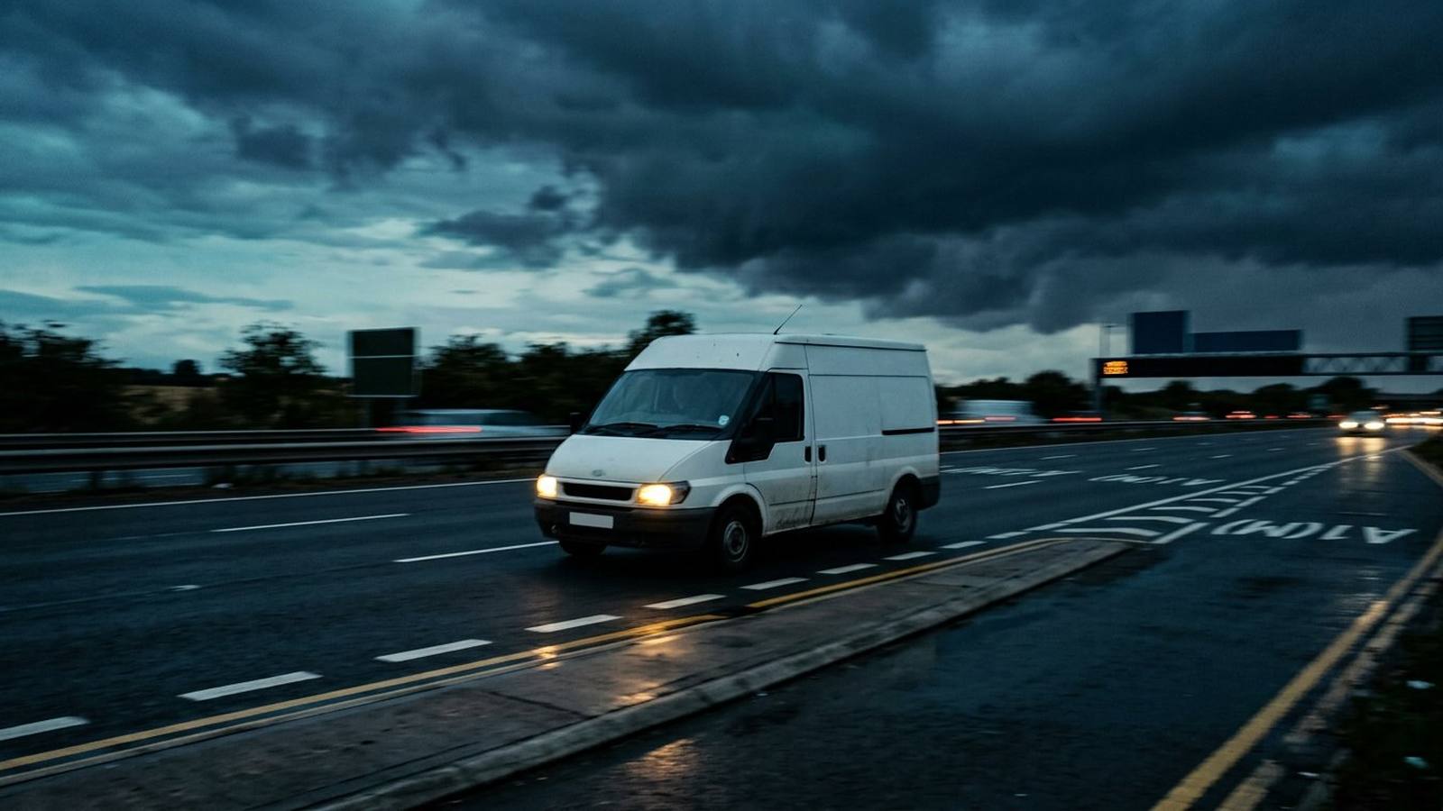White HFU Enterprise delivery van driving on a UK road at dusk with motion blur