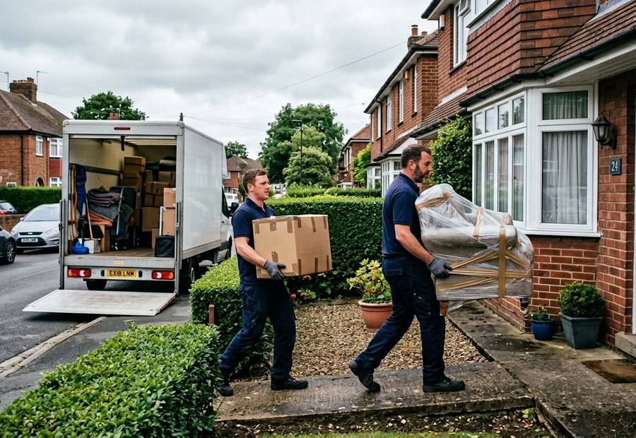 Removal team carrying boxes and furniture into a house during a home move in Manchester