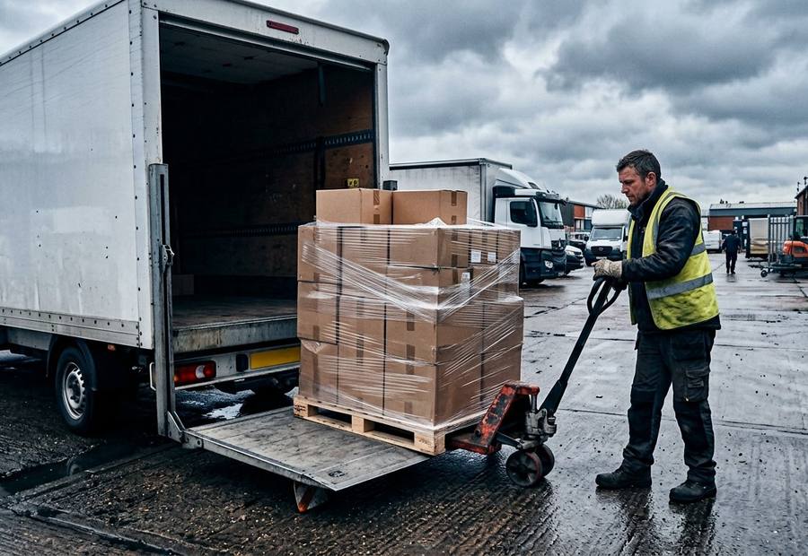 Shrink-wrapped pallet being loaded onto the tail lift of a white Luton van for pallet delivery