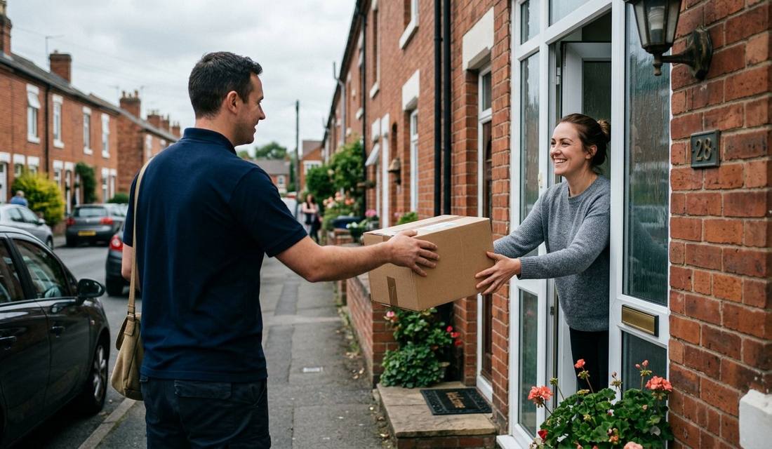 Courier handing a parcel to a customer at the door during a same day delivery in Manchester