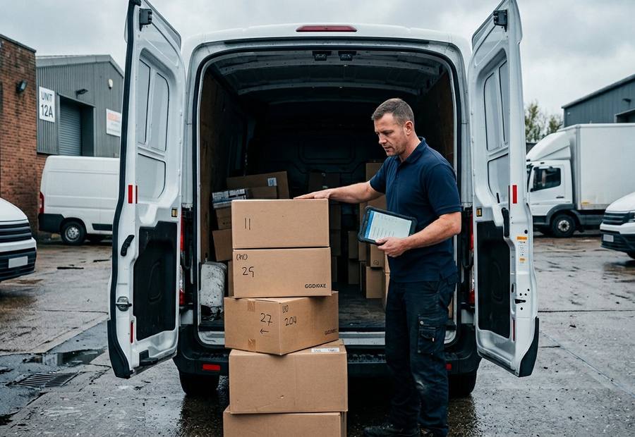Delivery driver loading boxes into a white van with a tablet for a scheduled delivery run
